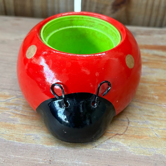 Rocket Farms Red Lovebug Ladybug Mini Planter Gold Polka Dots - Picture 3 of 10
